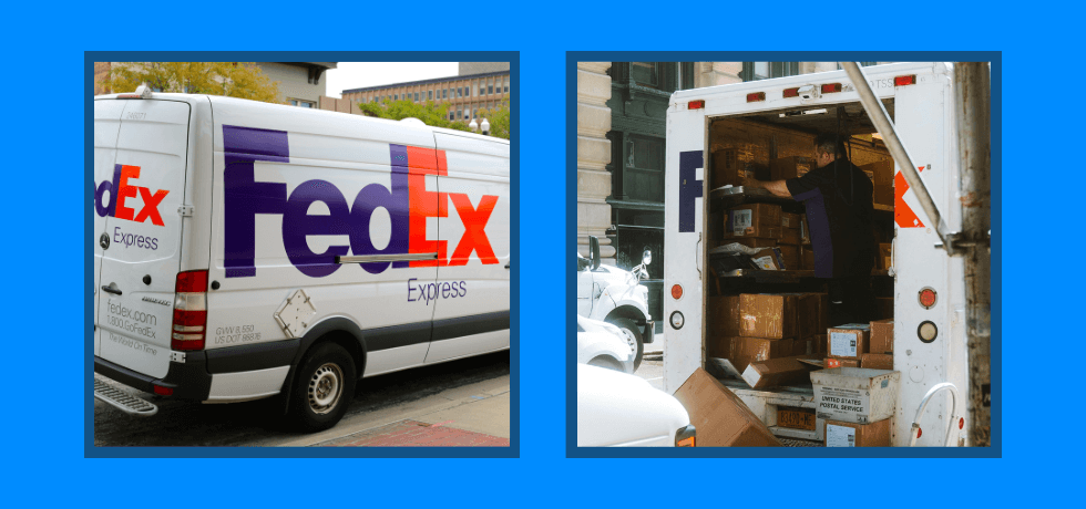 two fed ex truck photos next to each other